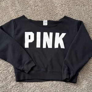 PINK Victoria's Secret Black Off-the-Shoulder Sweatshirt with White Logo